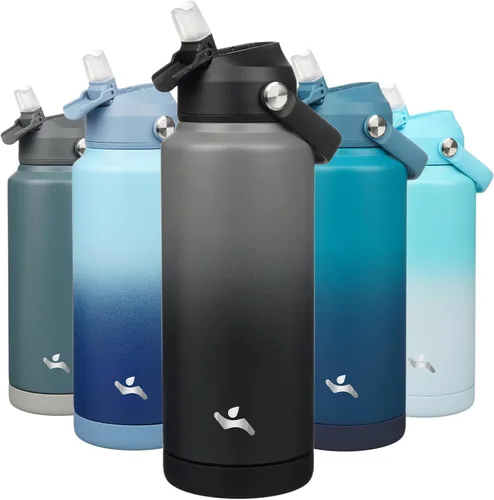 Miniatura 14 de Konokyo Botella de agua aislada con tapa de pajilla, botella de metal al vacío de acero inoxidable de 18 onzas con mango de silicona, color negro