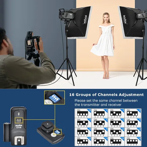 Miniatura 4 de Godox CT-16 Kit receptor de disparador de radio inalámbrico, transmisor 4 en 1 de 433 MHz con receptor de 3 piezas compatible con Canon Nikon Sony