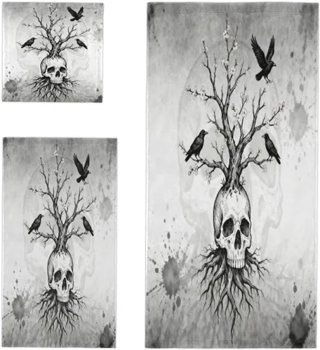 Juego de toallas de baño de 3 piezas, juego de toallas de baño de algodón de secado rápido con diseño de calavera gótica gris, pájaro negro,