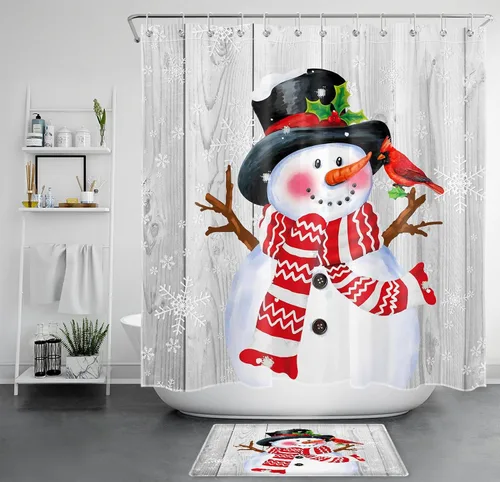 Miniatura 18 de LB Cortina de ducha de muñeco de nieve azul para baño, árbol de Navidad y copo de nieve en invierno con ganchos, juego de cortina de baño
