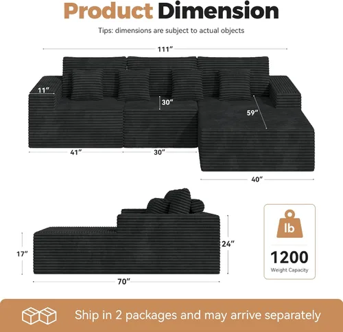 Miniatura 2 de Sofás modulares seccionales de nube de 111 pulgadas con chaise en forma de L, sofá sin estructura tapizado de asiento profundo para sala de estar