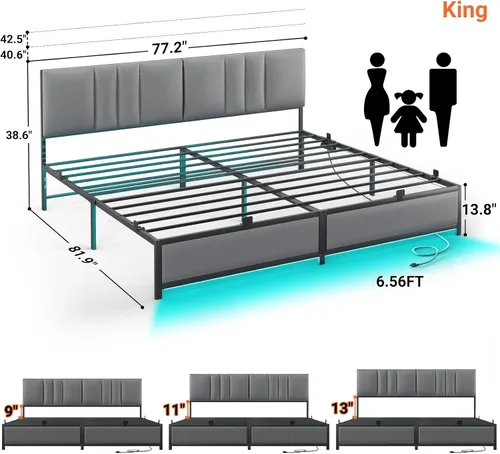 Miniatura 3 de Besiost Base de cama tamaño King con cabecera ajustable de 3 alturas, cama de plataforma tapizada de cuero con luz LED y estación de carga, soporte
