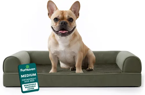 Furhaven Cama ortopédica de espuma para perros, de pelo sintético y terciopelo, con diseño de caja de huevos, color salvia oscura, talla M Dark Sage