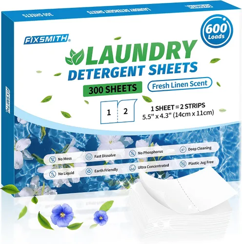 Miniatura 17 de FIXSMITH Hojas de detergente para ropa - 200 cargas (100 hojas) aroma a lino fresco - Tiras de detergente para ropa hipoalergénicas y ecológicas