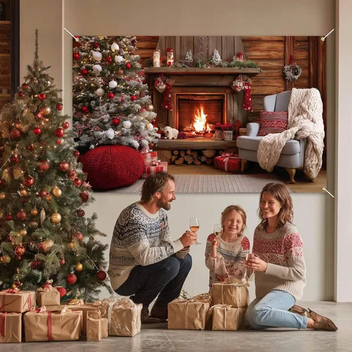 Miniatura 2 de HOMETITUTE Cartel navideño para chimenea de 71 x 43 pulgadas, acogedor telón de fondo navideño con adornos para árbol de Navidad, fondo cálido fuego