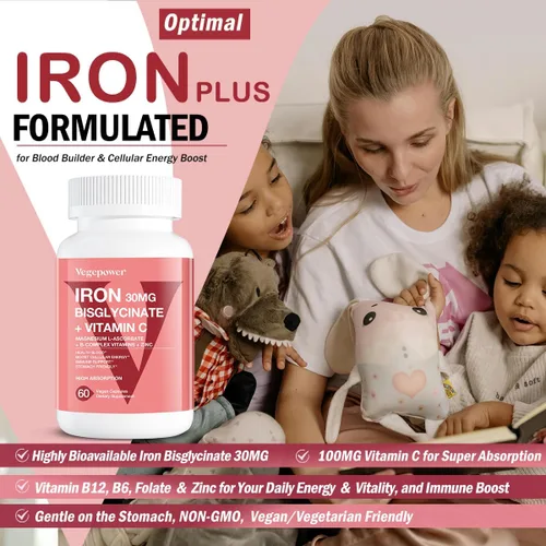 Miniatura 2 de Suplemento de bisglicinato de hierro para mujeres y hombres, pastillas de hierro de 30 mg con vitamina C, B12, ácido fólico, hierro quelado