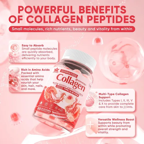 Miniatura 6 de Gomitas de péptido de colágeno para mujeres y hombres, sin azúcar, multicolágeno hidrolizado con 1500 mg de proteína tipo I, II, III, V, X, 5000 mcg