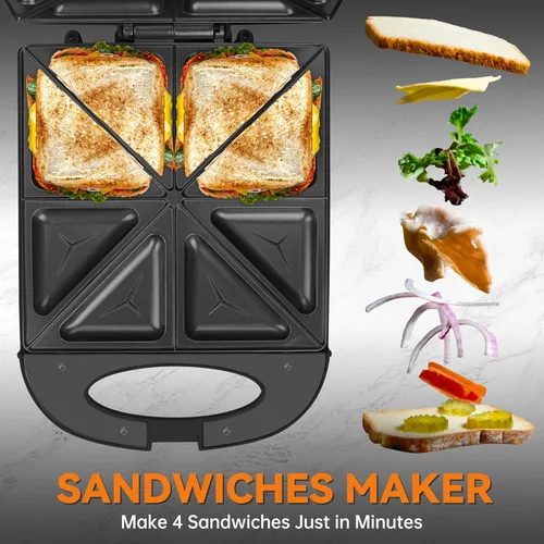 Miniatura 2 de Baker’s Friend Sandwichera para Desayuno, Prensa de Parrilla para Panini de 4 Rebanadas, Sandwichera Eléctrica con Luz Indicadora, Sandwichera