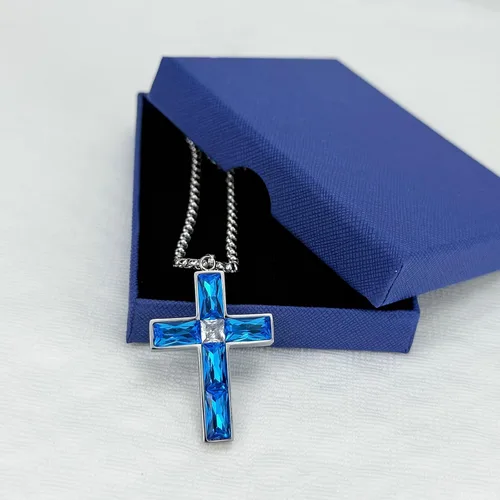 Miniatura 17 de Collar de cruz para hombre, piedras preciosas de color piedra natal de circonita cúbica, collar de acero inoxidable para hombre, cadena de 24