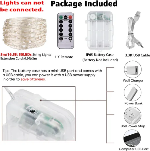 Miniatura 6 de OMIKA Luces LED negras UV a pilas, 16.5 pies, 50 unidades, 2835 luces LED UV, 8 modos, luz negra flexible, tira de luces con control remoto