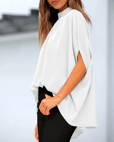 Miniatura 158 de BTFBM Blusas de verano para mujer, cuello alto falso, manga murciélago, holgadas, dobladillo alto y bajo, blusas informales de gran