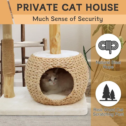 Miniatura 5 de Torre de árbol para gatos de interior, moderno condominio para gatos de madera real con poste rascador, plataformas de salto, bola de juguete