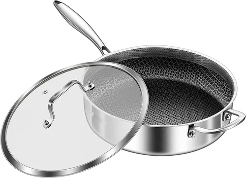 Miniatura 13 de DELARLO Sartén Salteadora Híbrida de Acero Inoxidable de Tres Capas de 10 Pulgadas, 3QT Sartén de Chef para Cocinar, Anti-Rayones, Compatible