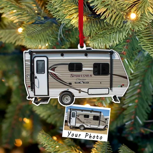 Adorno de Navidad con foto personalizada para cámper, caravana, caravana, viajes, remolques, amantes de los remolques, 3.5 x 3.5 pulgadas,