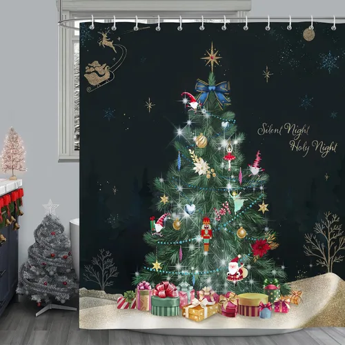 Miniatura 2 de Bonhause Cortina de Ducha de Árbol de Navidad Cajas de Regalo de Árbol de Navidad Noche Milagrosa Cortina de Baño Decorativa 72 x 72 Pulgadas Tela