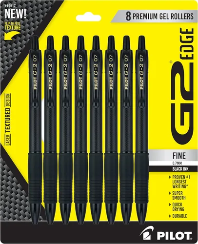 Pilot, G2 Edge - Bolígrafos de gel de alta calidad, punta fina de 0.028 in, tinta negra, paquete de 8 unidades (paquete de 1), ideales para la Negro