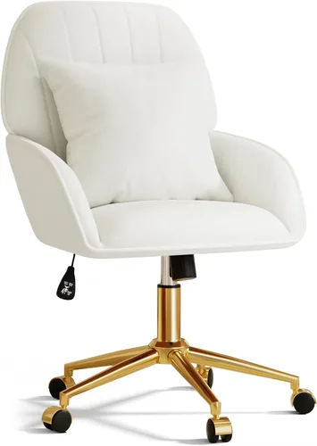 Silla de escritorio para oficina en casa cómoda con ruedas ajustables y giratorias, silla moderna de terciopelo para maquillaje con respaldo y Blanco