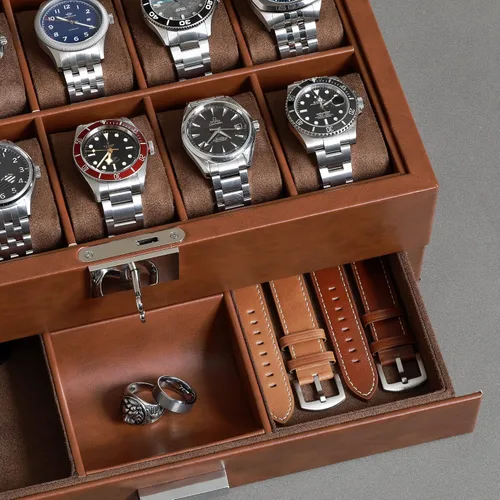 Miniatura 5 de ROTHWELL Caja de reloj de cuero de 10 ranuras con cajón de valet, organizador de exhibición de lujo con forro de microgamuza ultrasuave, soporte