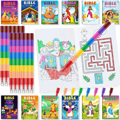 BenLouis 24 libros para colorear cristianos mini para niños con 24 crayones apilables, versos bíblicos, recuerdos de fiesta, libros de actividades a