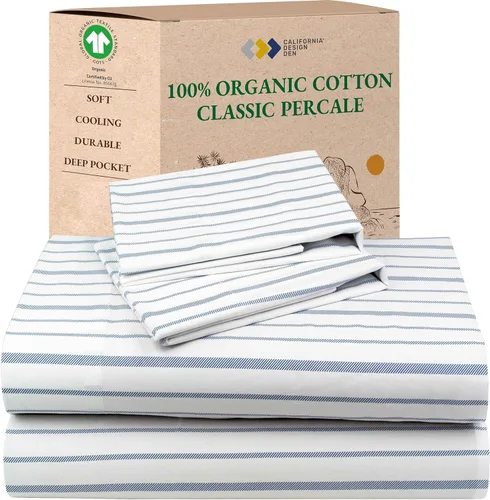 California Design Den Sábanas King con Rayas, 100% Algodón Orgánico Percal, Juego de Sábanas de Bolsillo Profundo King y Fundas de Almohada - Raya