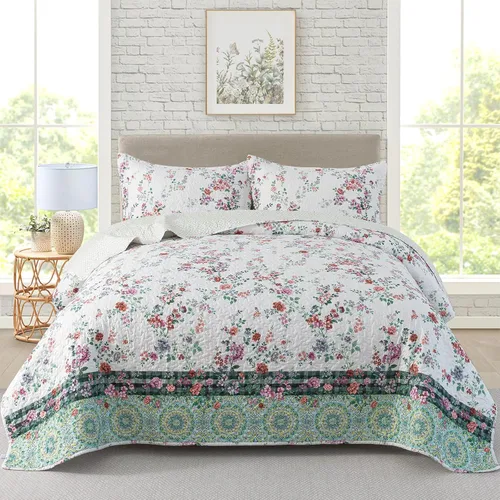 Miniatura 17 de Travan Juego de Edredón de 3 Piezas Tamaño King Colcha Acolchada Ligera Juego de Cubrecama Reversible con Estampado Floral Juego de Ropa de Cama