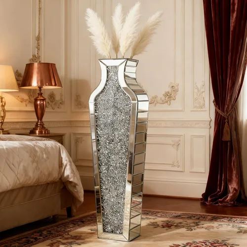 Miniatura 12 de SHYFOY Jarrón de piso de diamante triturado azul, grandes jarrones altos con espejo para piso, modernos jarrones decorativos de vidrio para sala