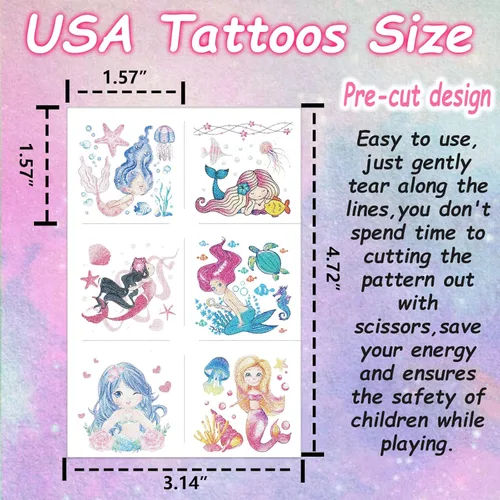 Miniatura 6 de Tatuajes de unicornio de sirena con purpurina para niñas, 180 tatuajes de mariposa individualmente con purpurina temporal para niños, diseño