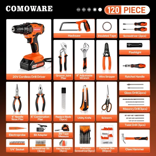 Miniatura 2 de COMOWARE Juego de herramientas para el hogar con taladro inalámbrico de 20 V, kit de herramientas de mano de 120 piezas para hombres, juego