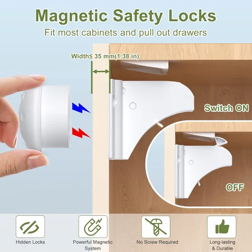 Miniatura 2 de AOSITE - Cerraduras magnéticas de seguridad para niños, paquete de 4 cerraduras magnéticas para cajones de cocina con adhesivo, sin taladrar ni