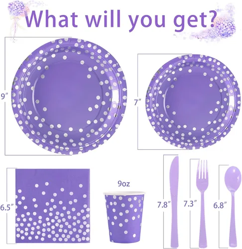 Miniatura 2 de Decoraciones de Fiesta Moradas, 168 Piezas Platos y Servilletas Morados Suministros para Fiestas, Platos de Cumpleaños Lavanda Sirve para 24