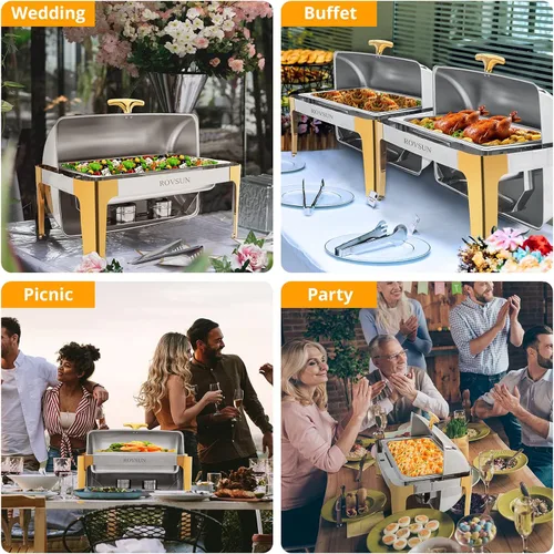 Miniatura 2 de ROVSUN Juego de platos de bufé con tapa enrollable, con detalles dorados, NSF de 9 cuartos de galón de acero inoxidable rectangular, juego
