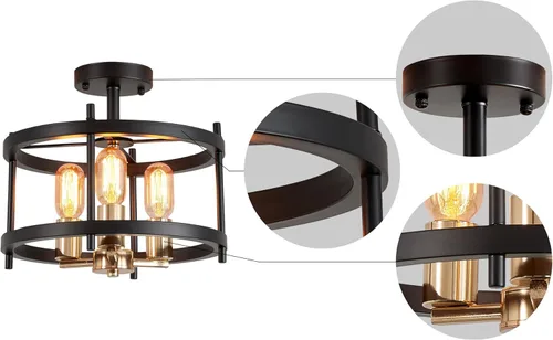 Miniatura 3 de AGV LIGHTING Lámpara de techo semiempotrada, 3 luces, montaje en techo, acabado negro y dorado Negro y dorado 001