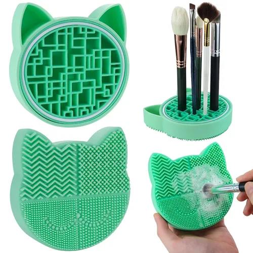 Limpiador de brochas de maquillaje, almohadilla de lavado de belleza de silicona con soporte para secadora, herramienta cosmética portátil 2 en 1
