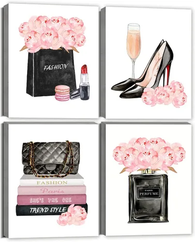 Arte de pared para sala de maquillaje, color rosa, perfume, flores, bolso, póster, fotos, impresiones en lienzo enmarcadas para mujeres, dormitorio,