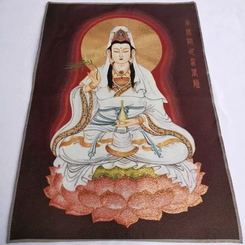 Miniatura 6 de China Budismo paño de seda Avalokiteshvara Guangyin Kwan-yin Thangka Mural colgante de pared para decoración casera tapiz meditación