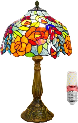 Tiffany - Lámpara de mesa estilo rosas multicolor, lámpara de mesa con vitrales de 12 pulgadas de alto de 19 pulgadas, mesita de noche, mesita de