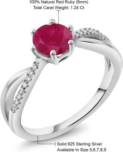 Miniatura 5 de Gem Stone King Anillo de compromiso de boda de plata de ley 925 con piedras preciosas de rubí rojo y rubí para mujer, 6 puntas