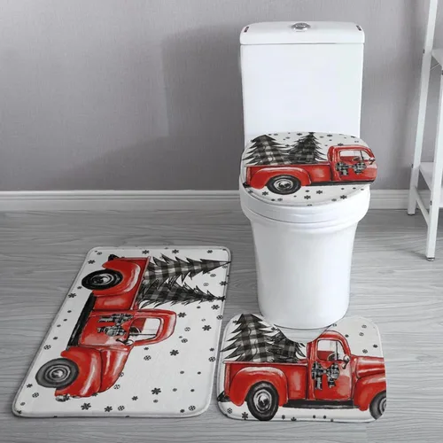 Miniatura 4 de Juego de 3 alfombras de baño con diseño de árbol de Navidad, diseño de cuadros de búfalo rojo, negro, copos de nieve, decoración de invierno, tapete