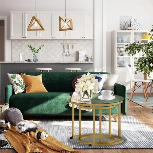 Miniatura 5 de aboxoo Juego de 2 mesas de centro anidables doradas, pequeñas mesas redondas de vidrio para sala de estar, dormitorio, mesa de té decorativa