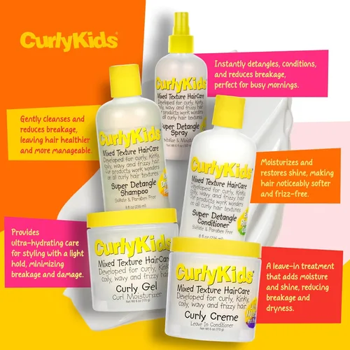 Miniatura 3 de CurlyKids Paquete de spray súper desenredante con spray desenredante para el cabello, champú para niños, acondicionador, gel y crema para cabello