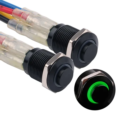 Miniatura 11 de 2 interruptores de botón de metal con pestillo de 0.472 pulgadas, cabeza elevada de 12 V-24 V, 4 pines de encendido y apagado, 1 no, carcasa negra