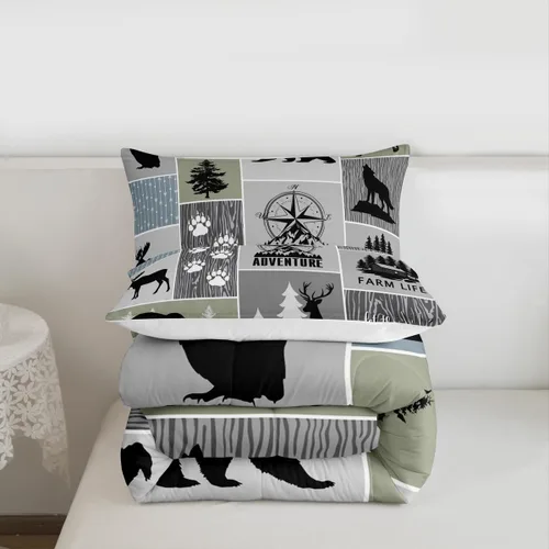 Miniatura 9 de Juego de edredón rústico de cabaña granja para niños, tamaño twin, juego de ropa de cama de aventura de caza de ciervos y osos para decoración