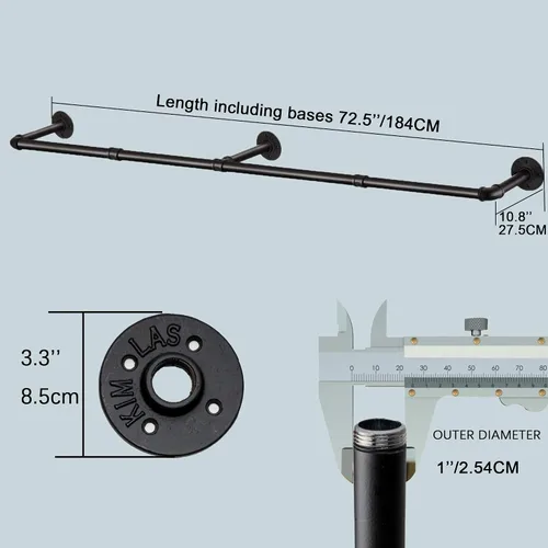 Miniatura 21 de Perchero industrial de tubería con 3 ganchos en forma de S, perchero de pared de 36 pulgadas de largo, barra de ropa de hierro resistente, barra