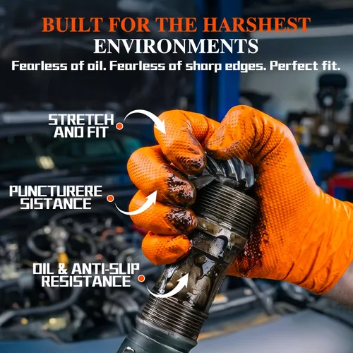 Miniatura 6 de ANBOSON Guantes de nitrilo desechables de 10 mil de goma naranja resistente a los productos químicos, guantes de mecánico resistentes, sin látex