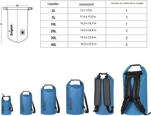 Miniatura 2 de Bolsa seca Unigear impermeable, 2L/5L/10L/20L/30L/40L, Bolsas flotantes y ligeras para kayak, navegación, pesca, natación y camping con funda