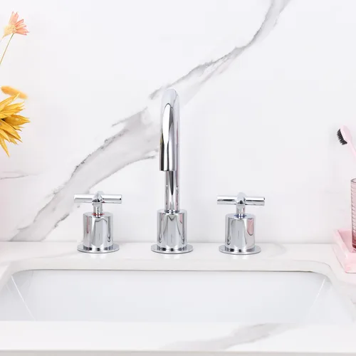 Miniatura 2 de 2 grifos de lavabo de baño dorados con mango cruzado con drenaje de residuos para fregadero de cubierta de 3 agujeros, acabado de espejo cromado