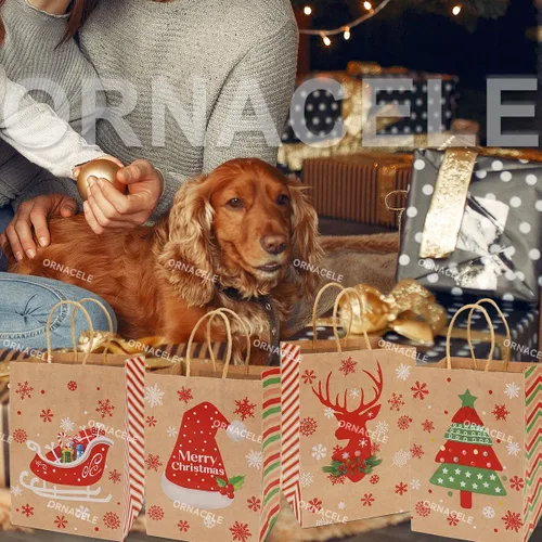Miniatura 7 de ORNACELE 24 piezas de bolsas de regalo de Navidad surtidas - Pequeñas bolsas de papel kraft con asas e impresiones navideñas para envolver regalos