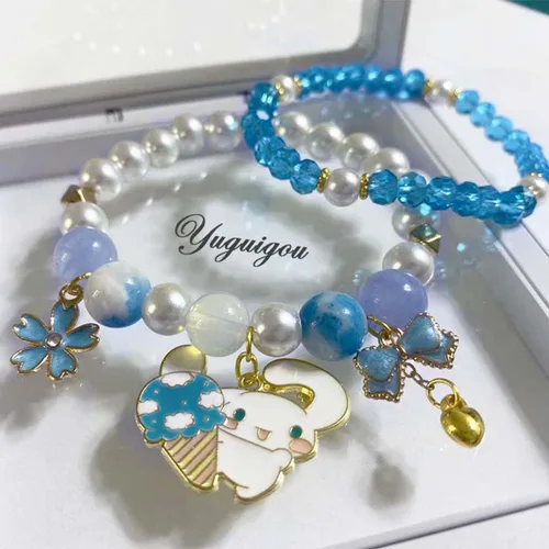 Miniatura 4 de Pulsera de cristal Kawaii con cuentas elásticas de dibujos animados, conjunto de pulseras a juego de pulseras de cuentas de cristal azul, rosa