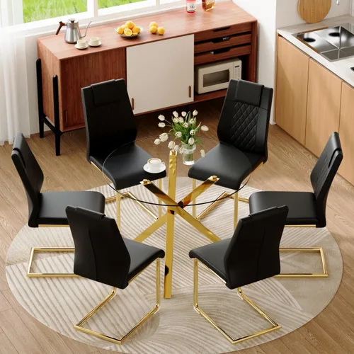 Miniatura 7 de Juego de mesa de comedor redonda para 6, juego de mesa de comedor de vidrio de 39 pulgadas con base de metal ajustable dorada en forma de X y 6