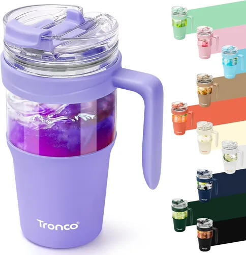 Miniatura 23 de Tronco Vaso de vidrio de 32 onzas con popote y tapa, tapa con popote 2 en 1 a prueba de fugas, botellas de agua de vidrio con asa, apto para Rosa